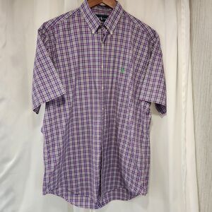 Ralph Lauren Shirt Men Large Purple Green Plaid Short Sleeve Button Down Classic